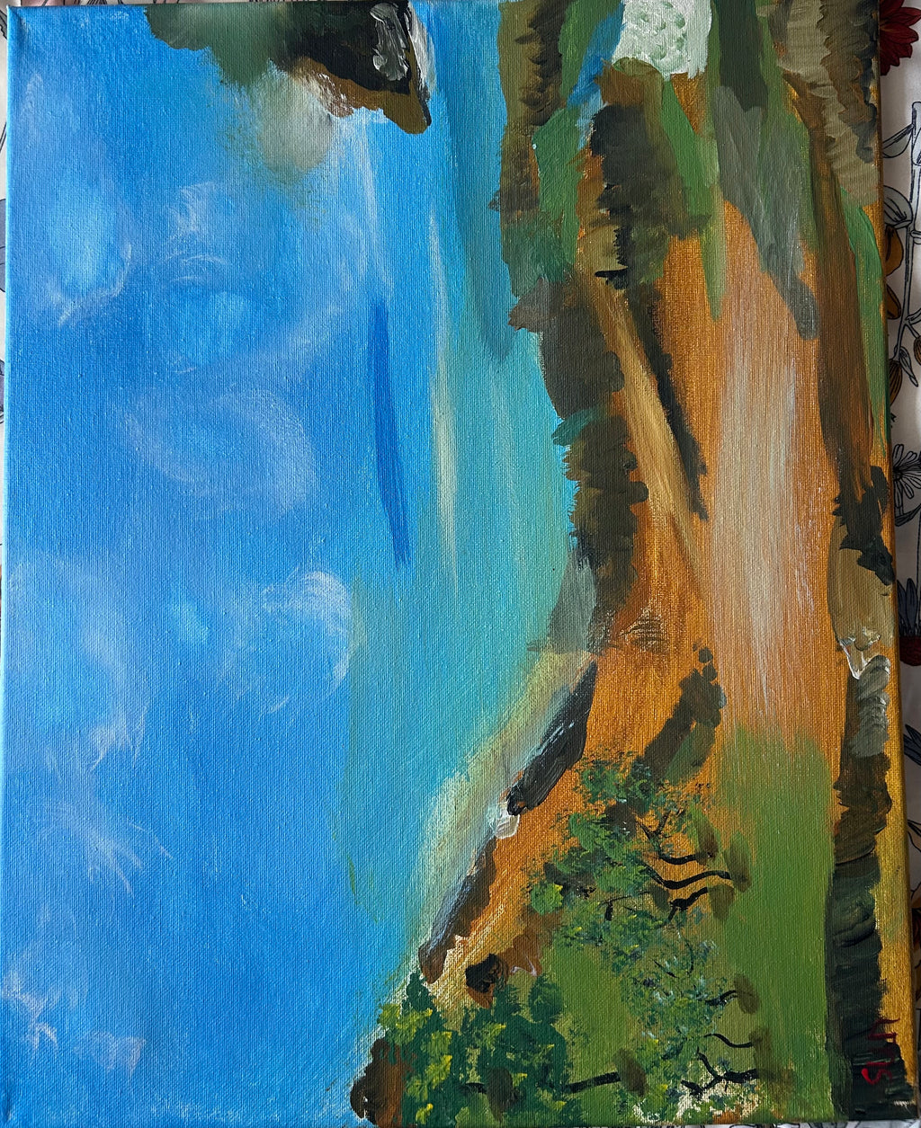 Painting of a landscape with blue sky, green trees, and brown earth.
