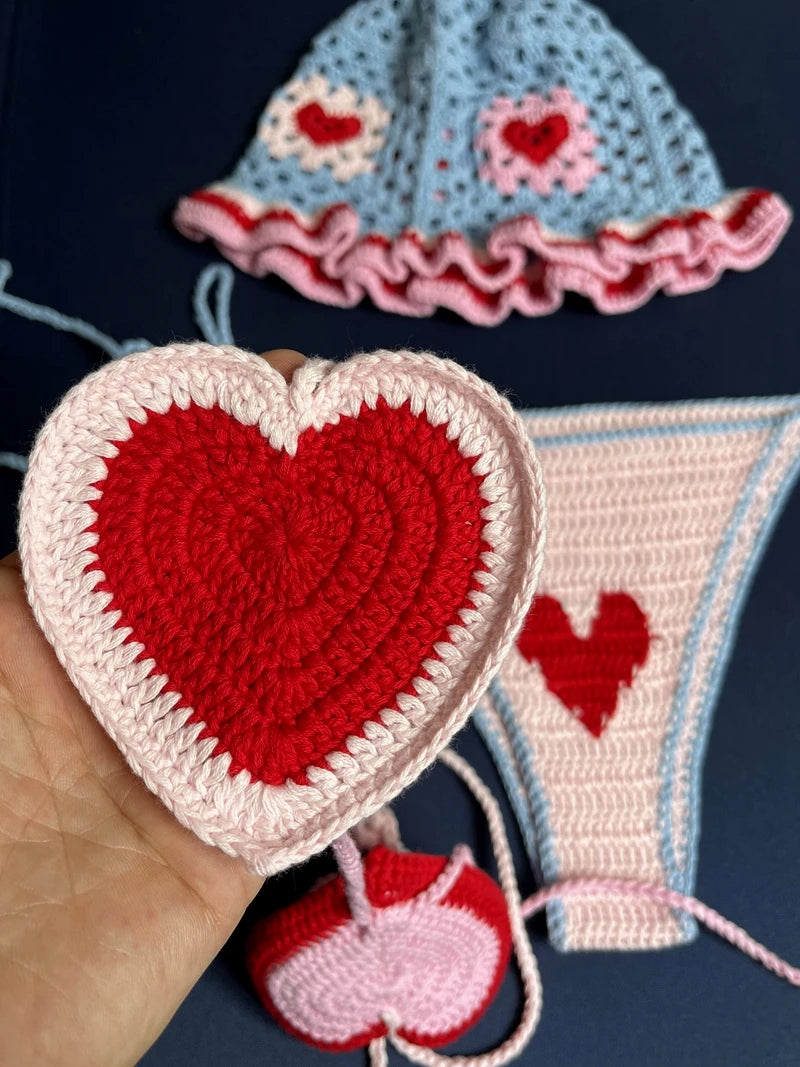 Red Love Heart Crochet Threaded Bikini Set With bucket Hats Handmade Swinwear Bathing Suit Sexy Fashion Swimsuit Vacation Wear - Sun Studio