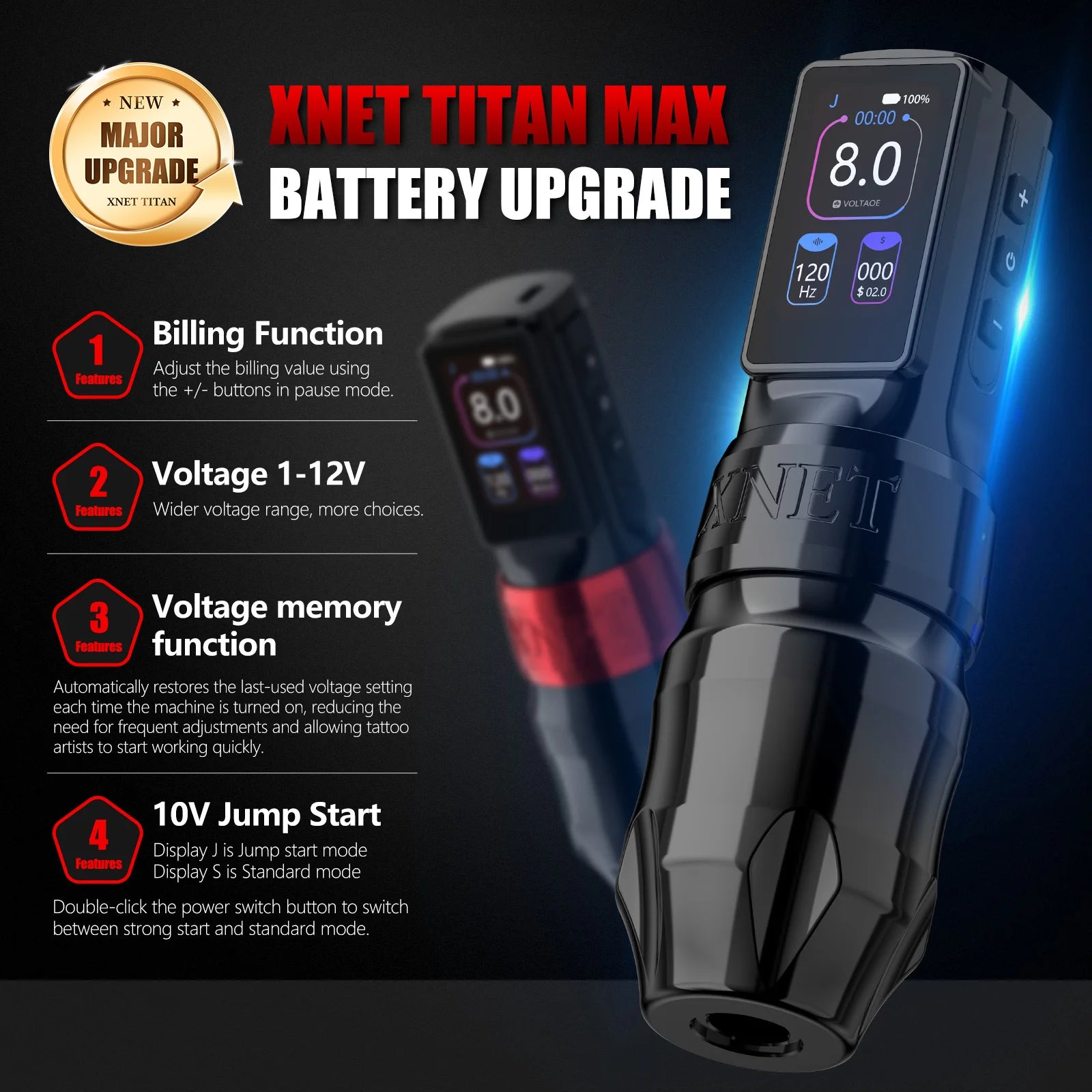 Xnet Titan Max Wireless Tattoo Machine Rotary Pen Coreless Motor 2400m Multi-Function Touchscreen Battery 1-12V for Artist Body - Sun Studio