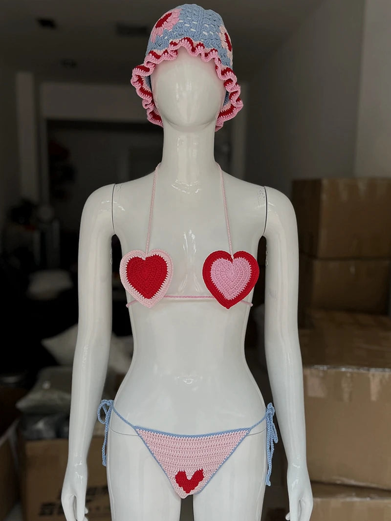 Red Love Heart Crochet Threaded Bikini Set With bucket Hats Handmade Swinwear Bathing Suit Sexy Fashion Swimsuit Vacation Wear - Sun Studio