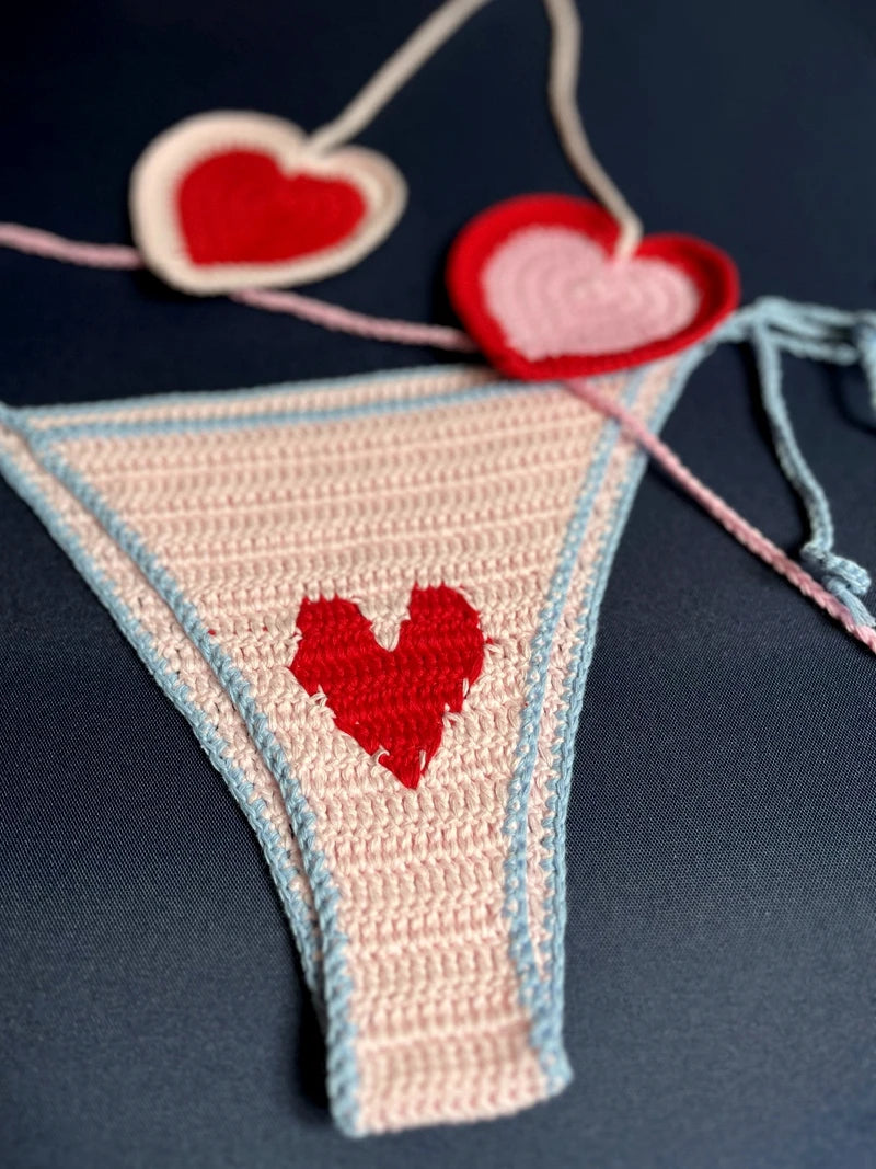 Red Love Heart Crochet Threaded Bikini Set With bucket Hats Handmade Swinwear Bathing Suit Sexy Fashion Swimsuit Vacation Wear - Sun Studio