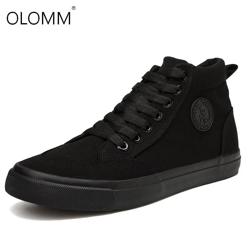 New Arrival Summer Fashion Men Flats Shoes All Black White Red Casual Shoes Mens Canvas Shoes Lace-Up High Top Black Shoes - Sun Studio