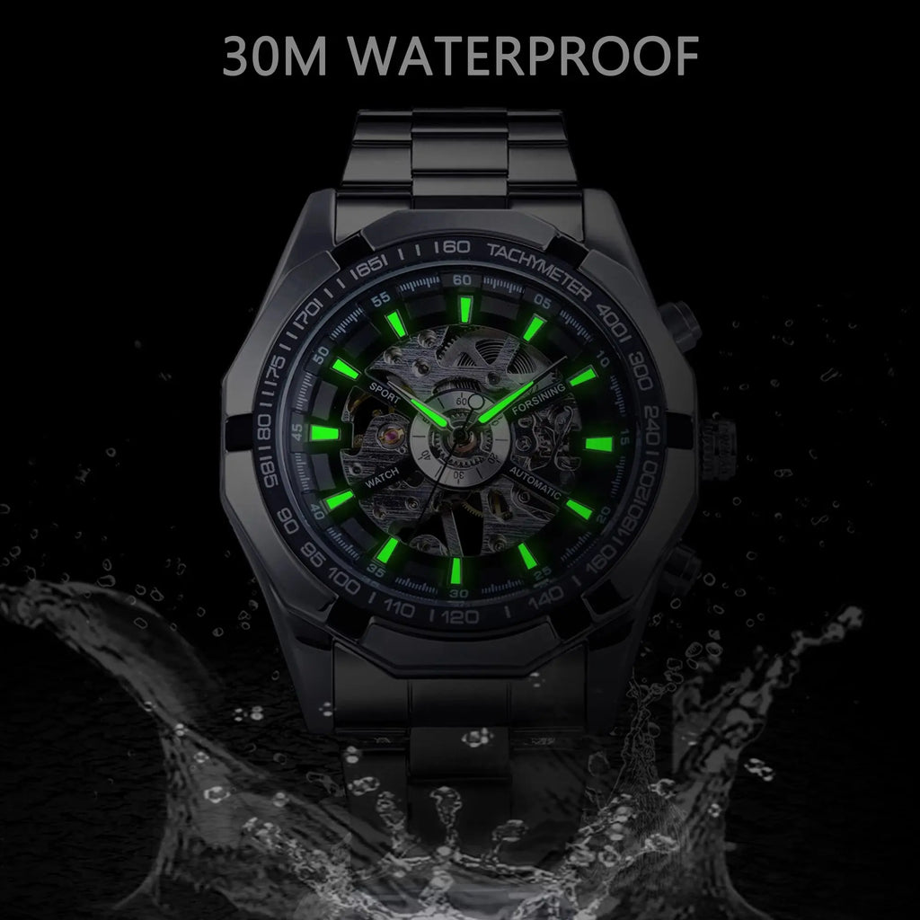 Forsining 2021 Stainless Steel Waterproof Mens Skeleton Watches Top Brand Luxury Transparent Mechanical Sport Male Wrist Watches - Sun Studio