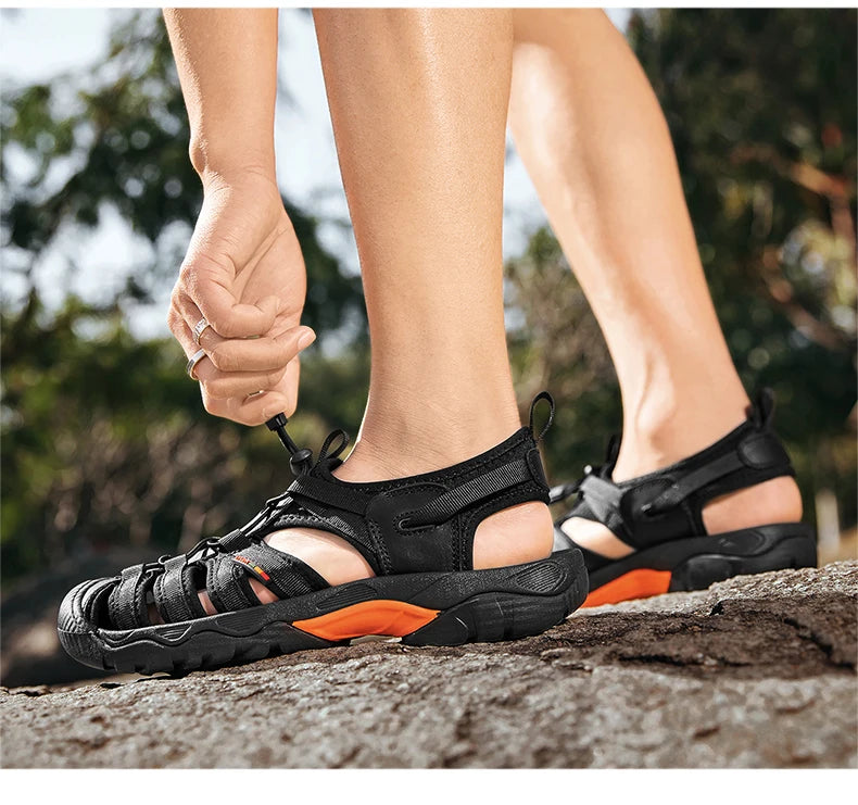New Summer Genuine Leather Men Sandals Fashion Design Breathable Casual Shoes Men Soft Bottom Outdoor Beach Sandals Big Size 48 - Sun Studio