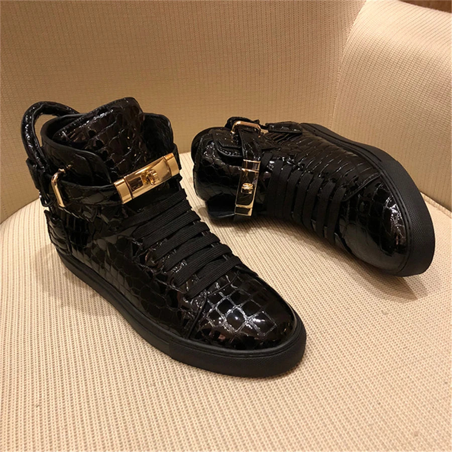 High-Top Sneakers Men Embossed Metal Lock Lace Red Metal Cow Leather Fashion Platform Casual Shoes High Quality - Sun Studio