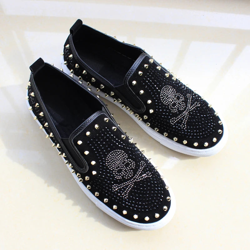 2025 New Shoes for Men Tide Leather Casual Shoes Spring Autumn Cool Skull Rivet Flat Shoes Leisure Slip-on Loafers - Sun Studio