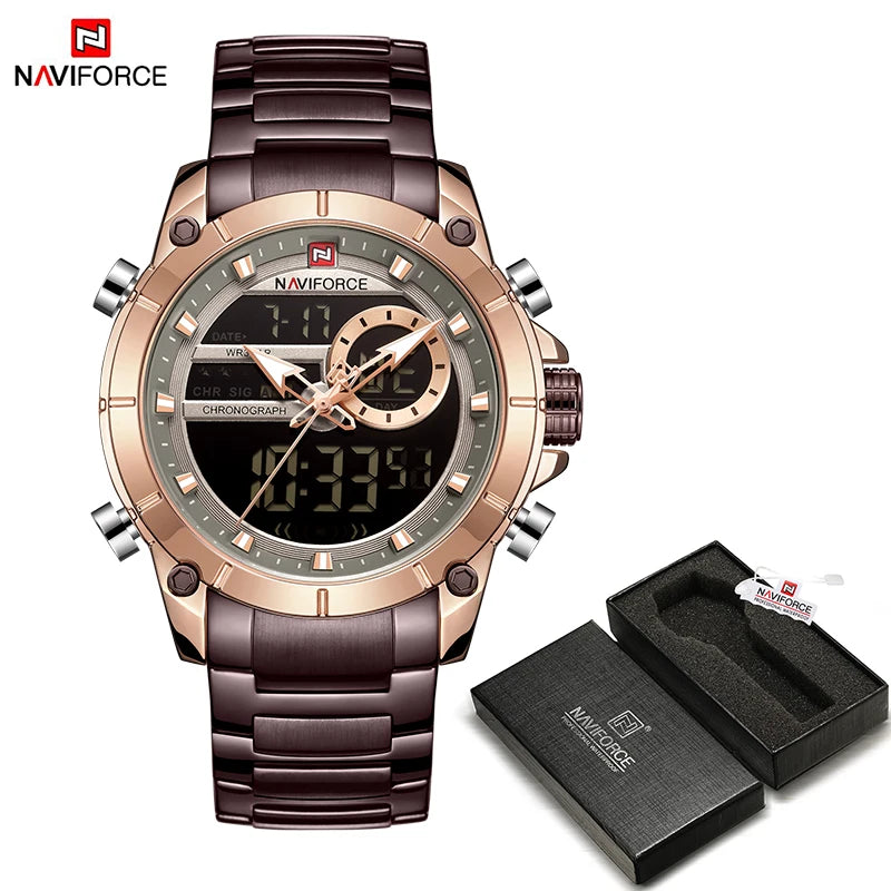 Luxury Brand NAVIFORCE Sport Watches For Men Fashion Gold Quartz WristWatch Steel Band Digital Chronograph Waterproof Clock 9163 - Sun Studio