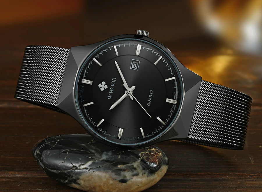 WWOOR Mens Watches Ultra-thin Quartz Auto Date WristWatch Men Top Brand Luxury Stainless Steel Business Waterproof Reloj Hombre - Sun Studio
