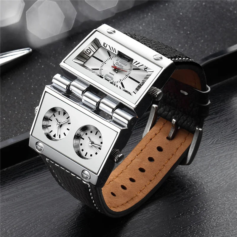 OULM 9525 Big Unique Design Male Watch Three Time Zone Unique Men's Military Watches Punk Style Leather Strap Wristwatch - Sun Studio