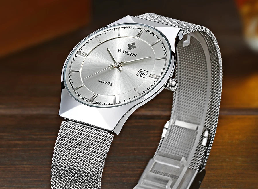 WWOOR Mens Watches Ultra-thin Quartz Auto Date WristWatch Men Top Brand Luxury Stainless Steel Business Waterproof Reloj Hombre - Sun Studio