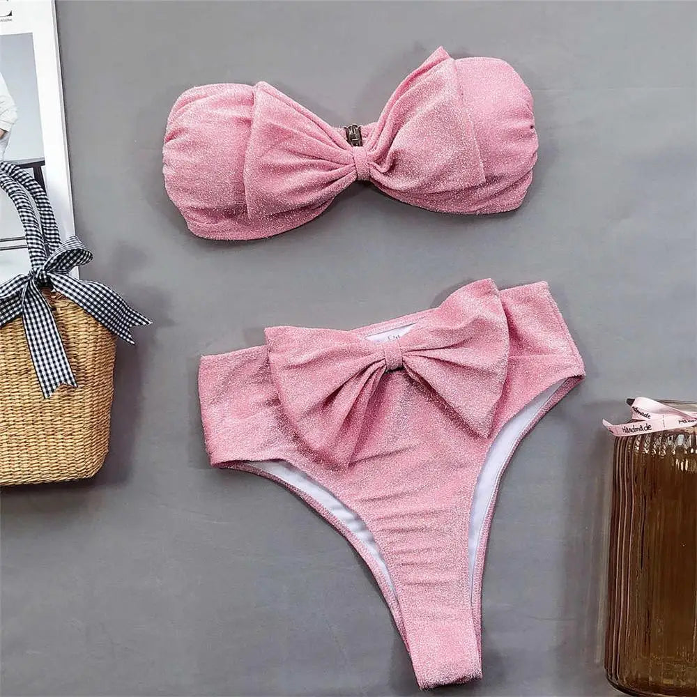 2024 Bow Bandeau High Waist Bikini Female Swimsuit Women Swimwear Two-piece Bikini set Strapless Bather Bathing Suit Swim Lady - Sun Studio