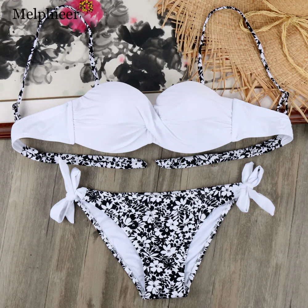 Bikini Solid Strappy Bandage Bikinis Set White Push Up Bikini Swimwear Bandeau Brazilian Swimsuit Bathing Suit Maillot De Bain - Sun Studio