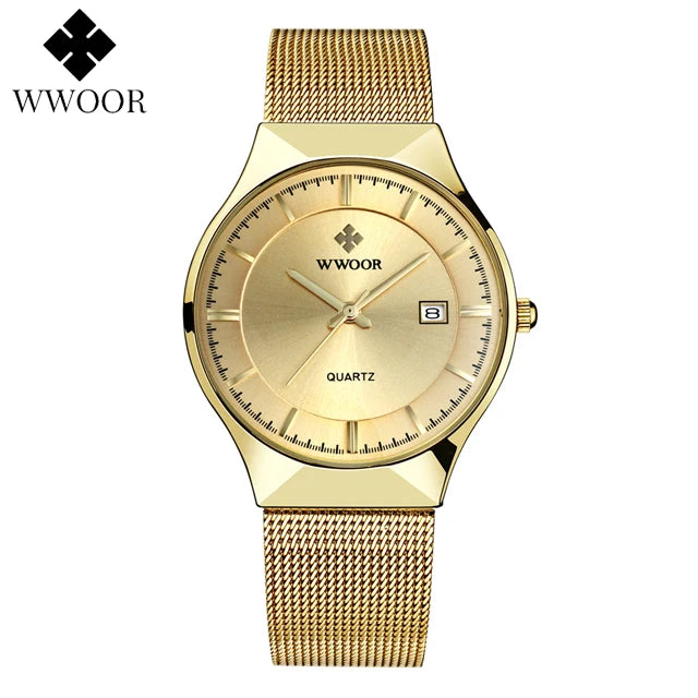 WWOOR Mens Watches Ultra-thin Quartz Auto Date WristWatch Men Top Brand Luxury Stainless Steel Business Waterproof Reloj Hombre - Sun Studio
