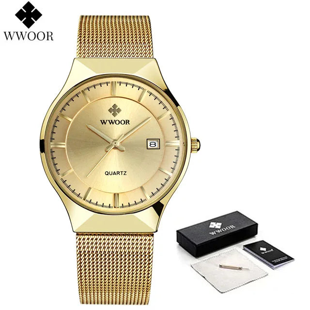 WWOOR Herrenuhren Ultradünn Quarz Auto Datum Armbanduhr Männer Top Marke Luxus Edelstahl Business Wasserdicht Reloj Hombre