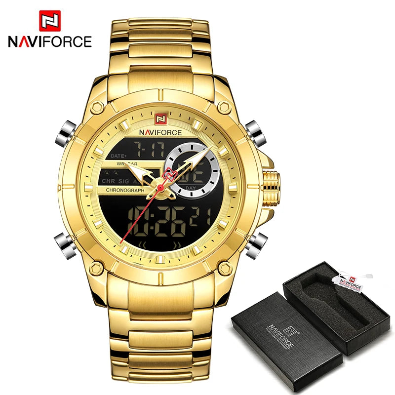 Luxury Brand NAVIFORCE Sport Watches For Men Fashion Gold Quartz WristWatch Steel Band Digital Chronograph Waterproof Clock 9163 - Sun Studio