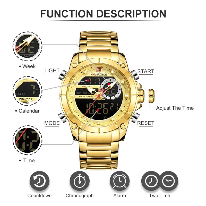 Luxury Brand NAVIFORCE Sport Watches For Men Fashion Gold Quartz WristWatch Steel Band Digital Chronograph Waterproof Clock 9163 - Sun Studio