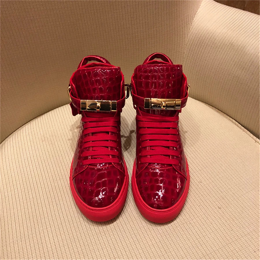 High-Top Sneakers Men Embossed Metal Lock Lace Red Metal Cow Leather Fashion Platform Casual Shoes High Quality - Sun Studio