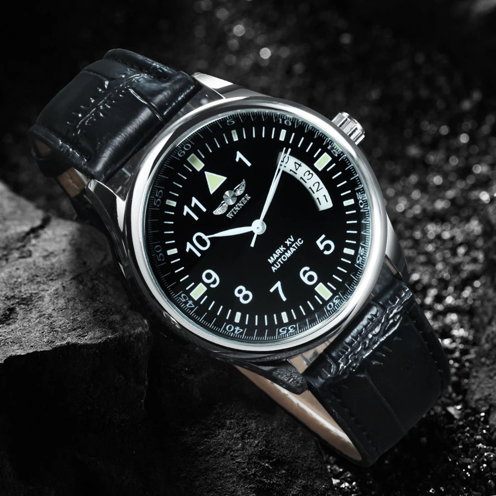 WINNER Business Automatic Watch for Men Fashion Calendar Window Black Dial Casual Leather Strap Luxury Brand Mechanical Watches - Sun Studio
