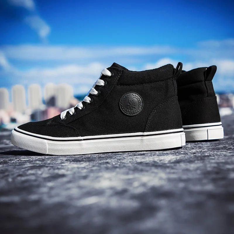 New Arrival Summer Fashion Men Flats Shoes All Black White Red Casual Shoes Mens Canvas Shoes Lace-Up High Top Black Shoes - Sun Studio
