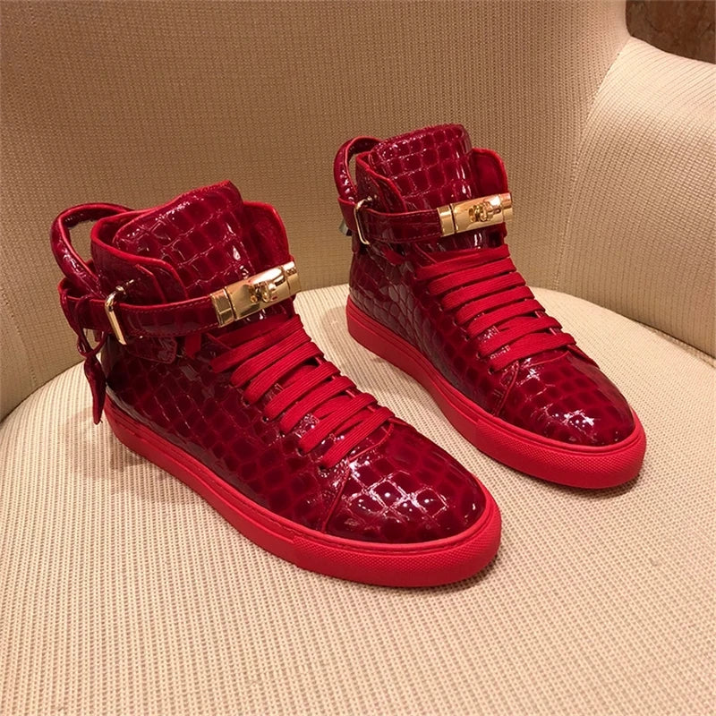 High-Top Sneakers Men Embossed Metal Lock Lace Red Metal Cow Leather Fashion Platform Casual Shoes High Quality - Sun Studio