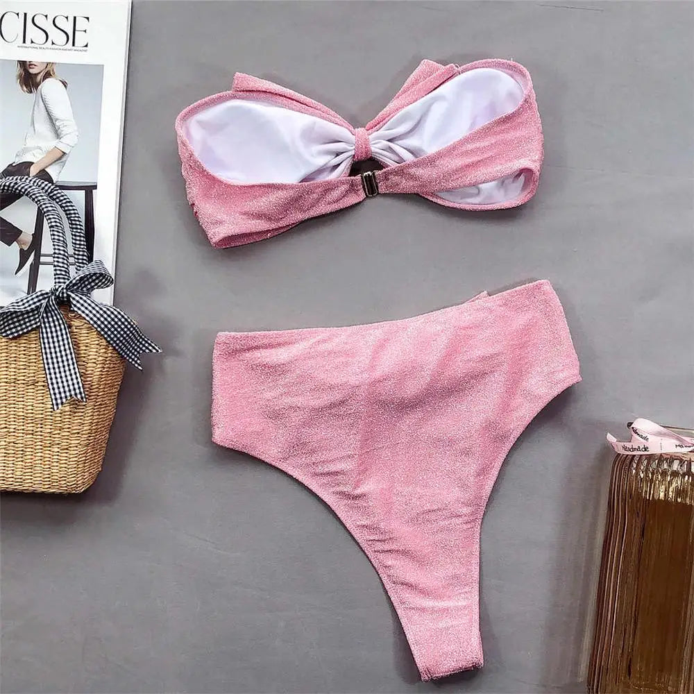2024 Bow Bandeau High Waist Bikini Female Swimsuit Women Swimwear Two-piece Bikini set Strapless Bather Bathing Suit Swim Lady - Sun Studio