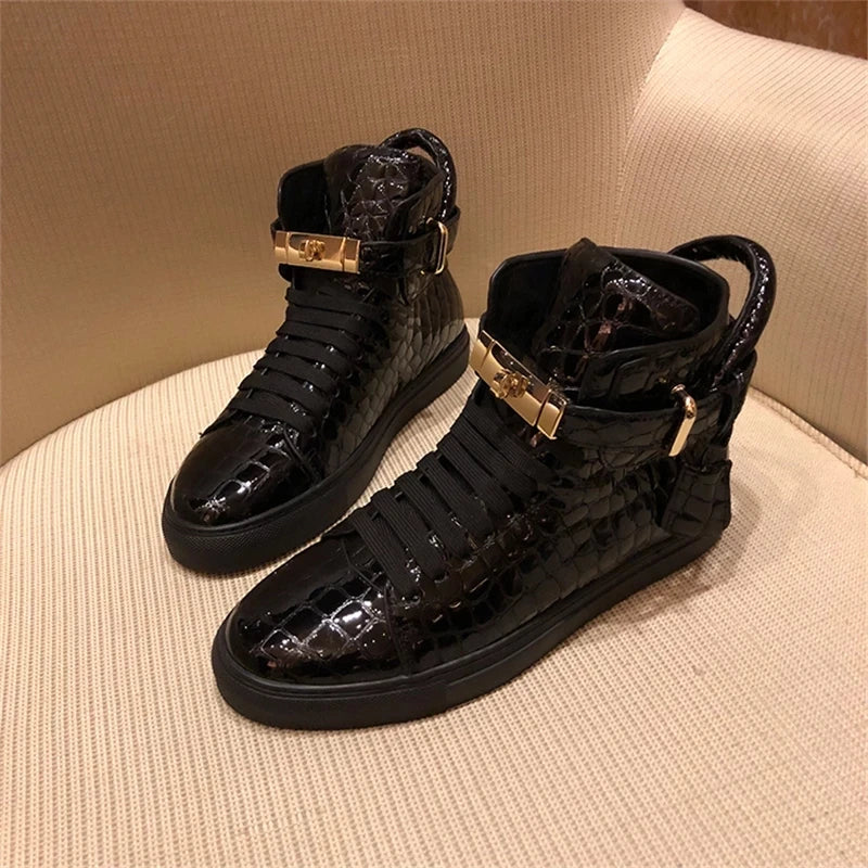 High-Top Sneakers Men Embossed Metal Lock Lace Red Metal Cow Leather Fashion Platform Casual Shoes High Quality - Sun Studio