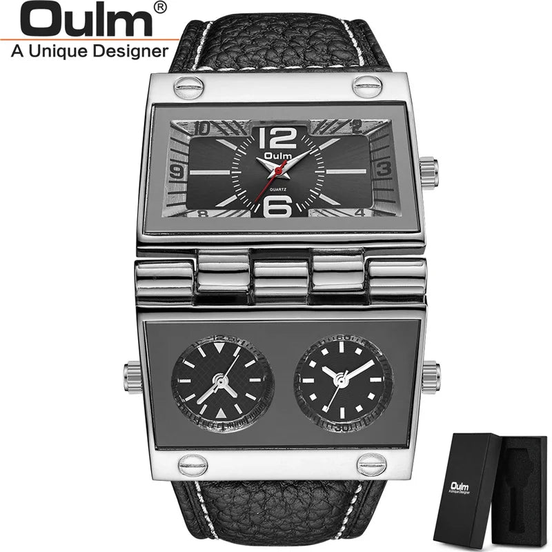 OULM 9525 Big Unique Design Male Watch Three Time Zone Unique Men's Military Watches Punk Style Leather Strap Wristwatch - Sun Studio