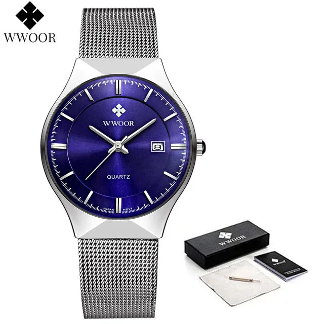 WWOOR Herrenuhren Ultradünn Quarz Auto Datum Armbanduhr Männer Top Marke Luxus Edelstahl Business Wasserdicht Reloj Hombre