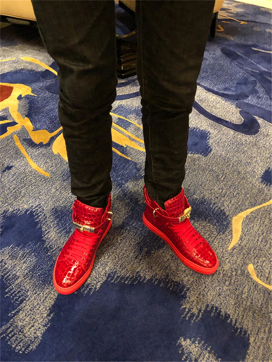 High-Top Sneakers Men Embossed Metal Lock Lace Red Metal Cow Leather Fashion Platform Casual Shoes High Quality - Sun Studio