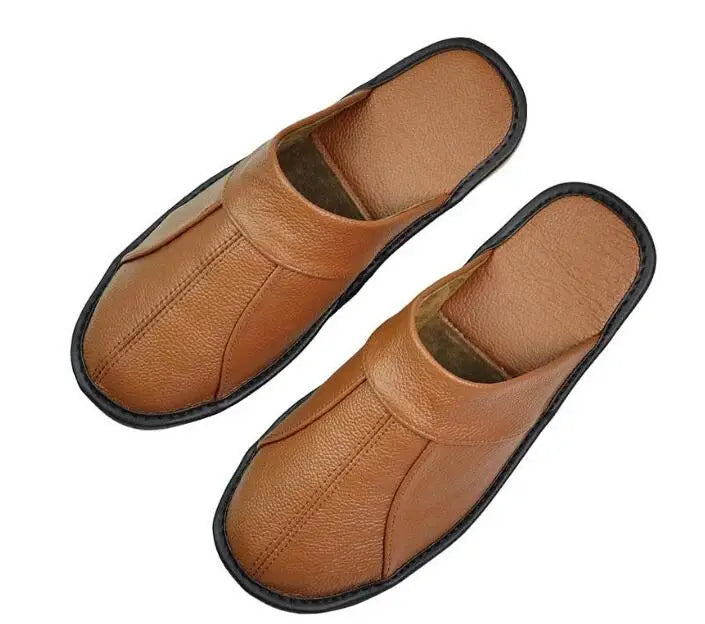 Men's Luxury Cow Split Leather Handmade Men Home Slippers Spring Slip on Soft Comfortable Black Brown Bedroom Indoor Flat Shoes - Sun Studio