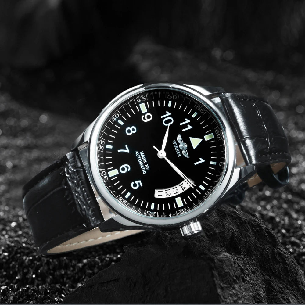 WINNER Business Automatic Watch for Men Fashion Calendar Window Black Dial Casual Leather Strap Luxury Brand Mechanical Watches - Sun Studio