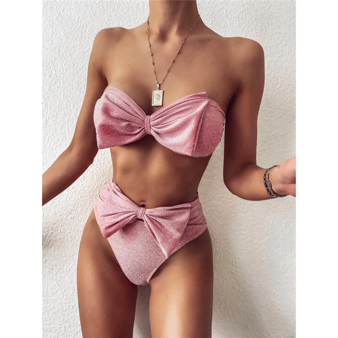 2024 Bow Bandeau High Waist Bikini Female Swimsuit Women Swimwear Two-piece Bikini set Strapless Bather Bathing Suit Swim Lady - Sun Studio
