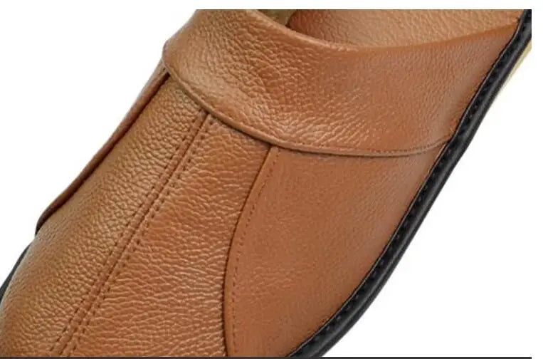 Men's Luxury Cow Split Leather Handmade Men Home Slippers Spring Slip on Soft Comfortable Black Brown Bedroom Indoor Flat Shoes - Sun Studio