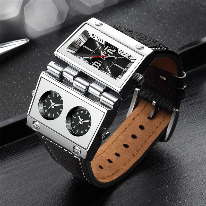 OULM 9525 Big Unique Design Male Watch Three Time Zone Unique Men's Military Watches Punk Style Leather Strap Wristwatch - Sun Studio