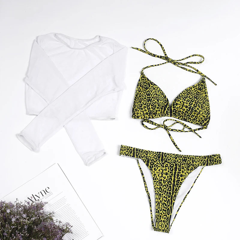 2024 Neon Yellow Crop Top Swimwear Women Summer Sexy Beachwear Mesh Long Sleeve Cover Ups Top Three Piece Swimsuit Bikini Set - Sun Studio