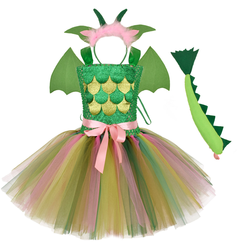 Green Kids Girls Dinosaur Cosplay Dresses Birthday Party Tutu Dresses for Baby Cartoon Princess Girls Costumes Set for Halloween - Sun Studio
