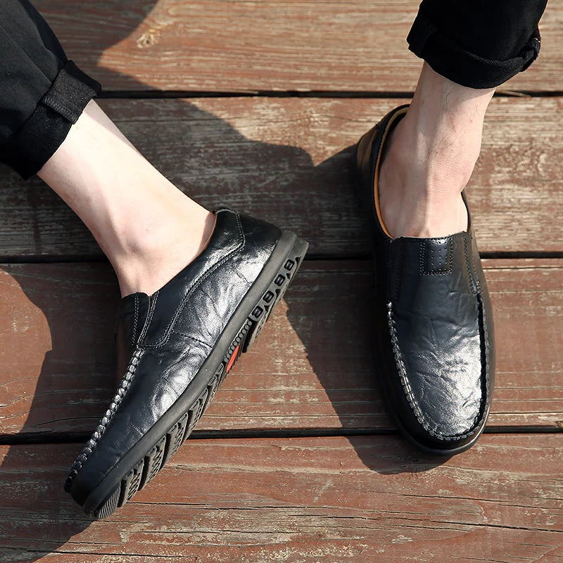 Genuine Leather Men Casual Shoes Luxury Brand 2025 Mens Loafers Moccasins Breathable Slip on Black Driving Shoes Plus Size 37-47 - Sun Studio