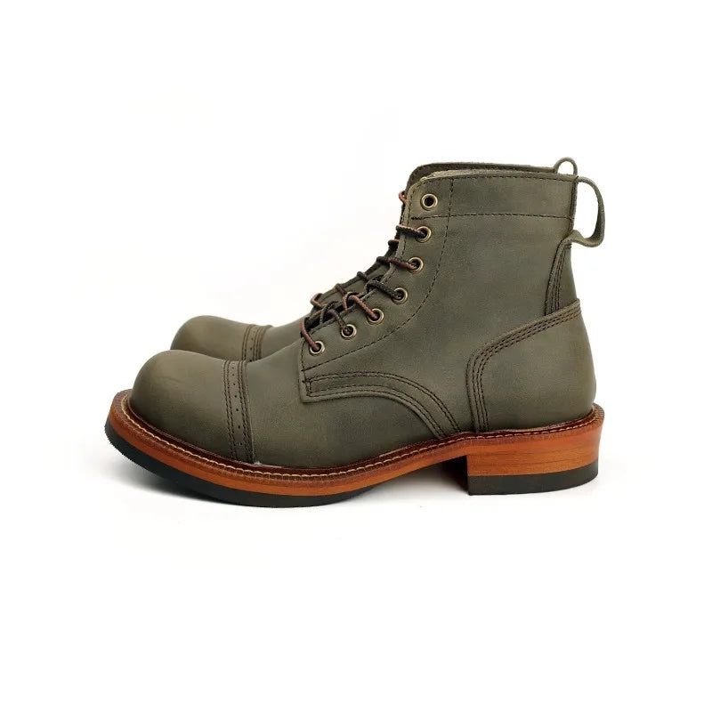 New Japanese Vintage Designer Handmade Tooling Men Casual Shoes Cow Leather Round Toe Wings Ankle Boots Motorcycle Boots Winter - Sun Studio