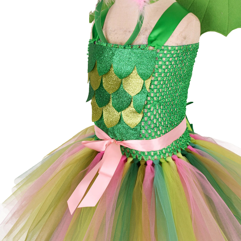 Green Kids Girls Dinosaur Cosplay Dresses Birthday Party Tutu Dresses for Baby Cartoon Princess Girls Costumes Set for Halloween - Sun Studio