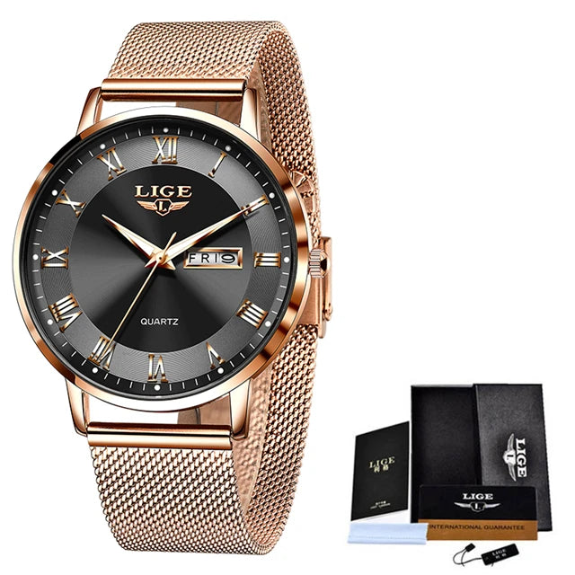 LIGE Fashion Women Watch Top Brand Luxury Ultra-Thin Mesh Watch For Women Casual Sport Quartz Date Chronograph Watches Feminino - Sun Studio