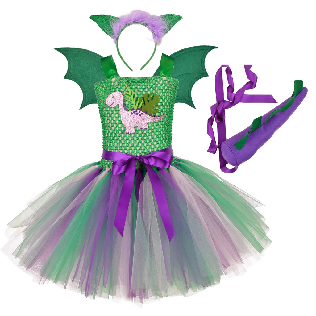 Green Kids Girls Dinosaur Cosplay Dresses Birthday Party Tutu Dresses for Baby Cartoon Princess Girls Costumes Set for Halloween - Sun Studio