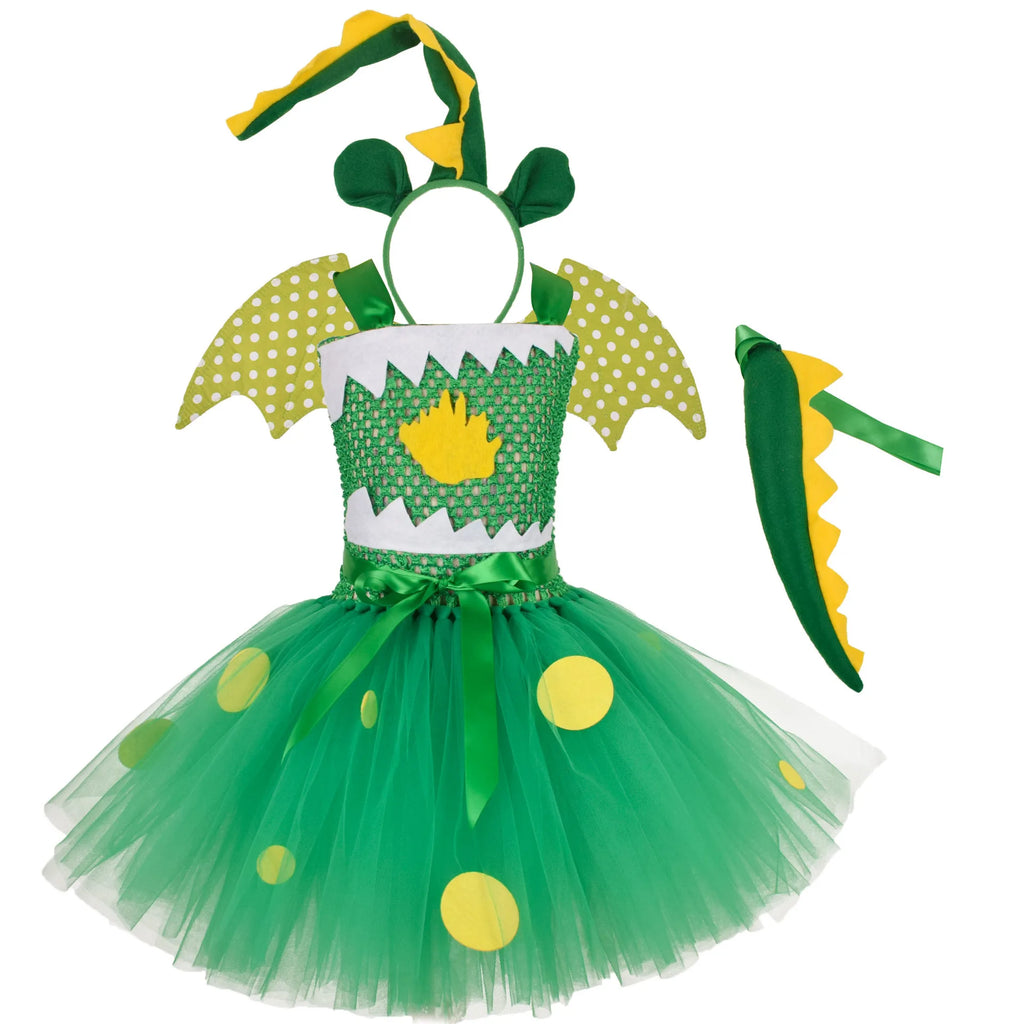 Green Kids Girls Dinosaur Cosplay Dresses Birthday Party Tutu Dresses for Baby Cartoon Princess Girls Costumes Set for Halloween - Sun Studio