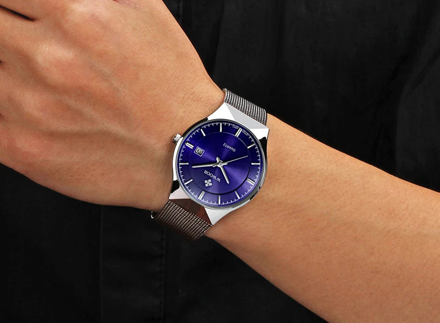 WWOOR Mens Watches Ultra-thin Quartz Auto Date WristWatch Men Top Brand Luxury Stainless Steel Business Waterproof Reloj Hombre - Sun Studio