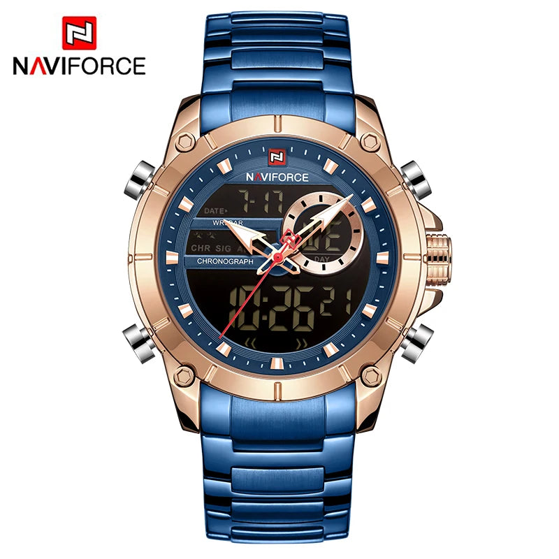 Luxury Brand NAVIFORCE Sport Watches For Men Fashion Gold Quartz WristWatch Steel Band Digital Chronograph Waterproof Clock 9163 - Sun Studio