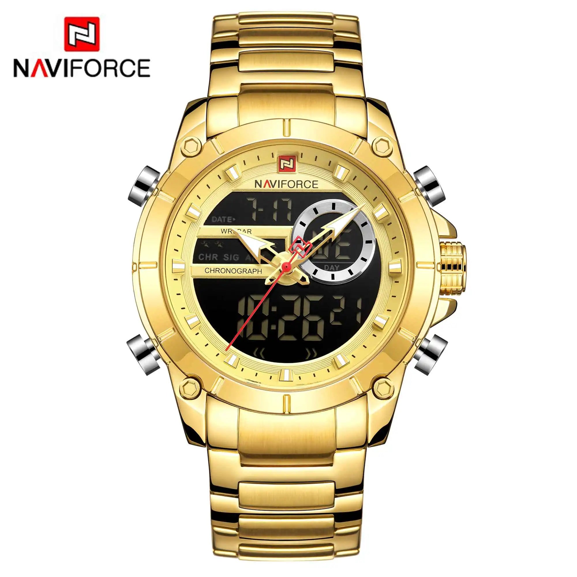 Luxury Brand NAVIFORCE Sport Watches For Men Fashion Gold Quartz WristWatch Steel Band Digital Chronograph Waterproof Clock 9163 - Sun Studio