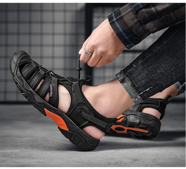 New Summer Genuine Leather Men Sandals Fashion Design Breathable Casual Shoes Men Soft Bottom Outdoor Beach Sandals Big Size 48 - Sun Studio