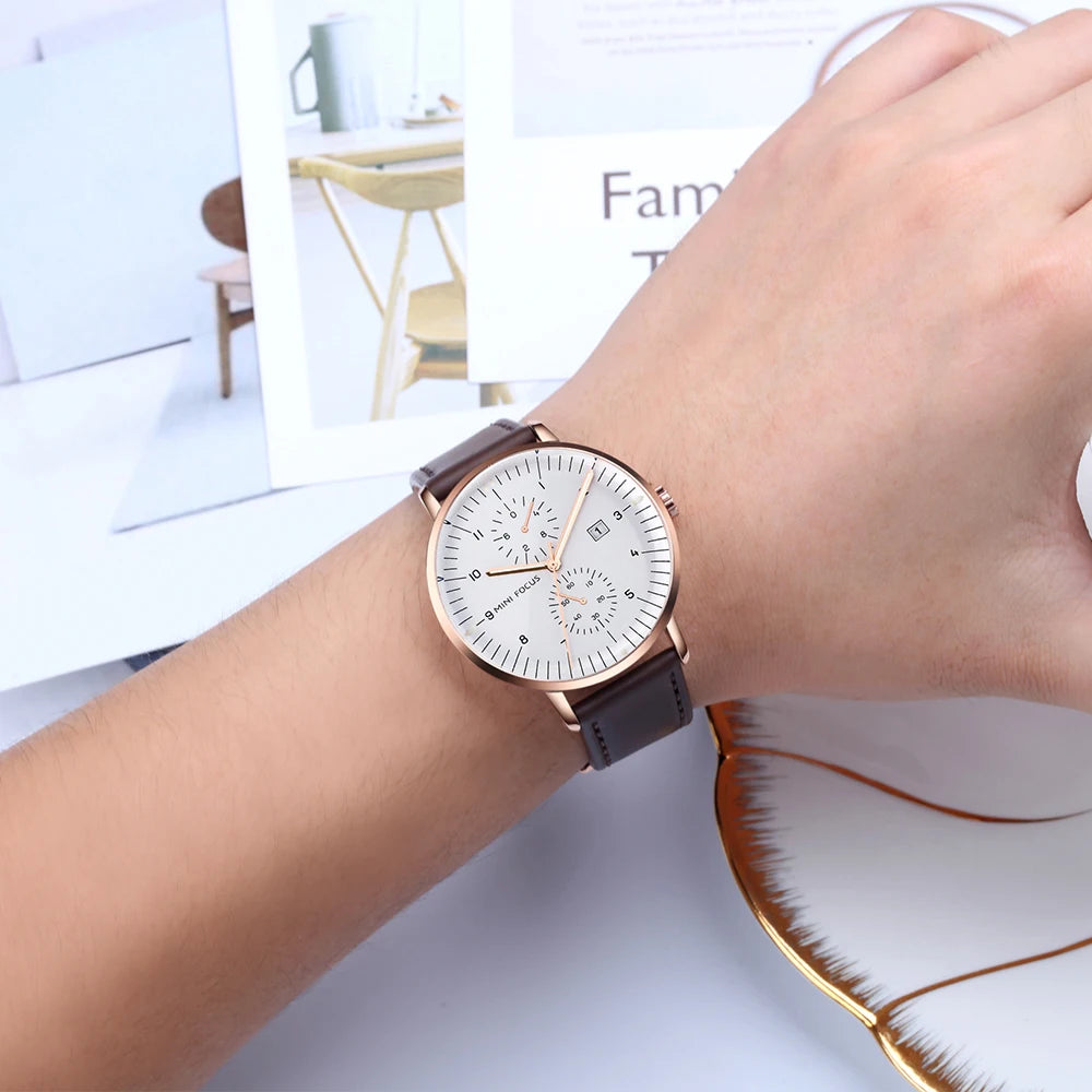 MINI FOCUS Men Watch Top Brand Luxury Quartz Watches Mens Casual Fashion Genuine Leather Male Wristwatch New Waterproof Clock - Sun Studio