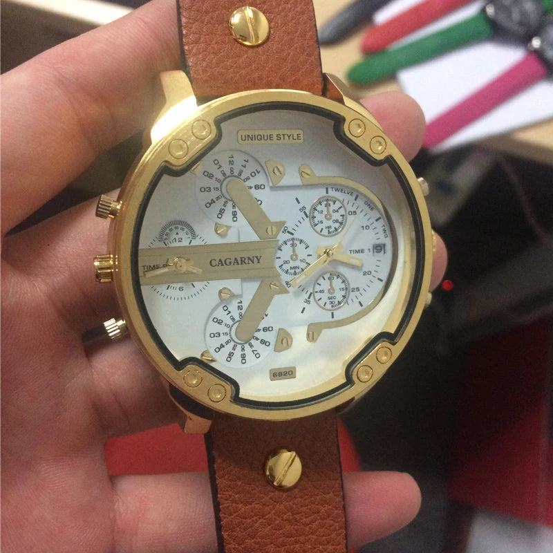 Cagarny Men's Watches Men Fashion Quartz Wristwatches Cool Big Watch Leather Bracelet 2 Times Military Relogio Masculino D6820 - Sun Studio