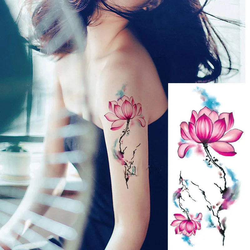 1piece Body art  flash henna tattoo fake temporary tattoos stickers rose peony flowers arm shoulder tattoo waterproof women - Sun Studio