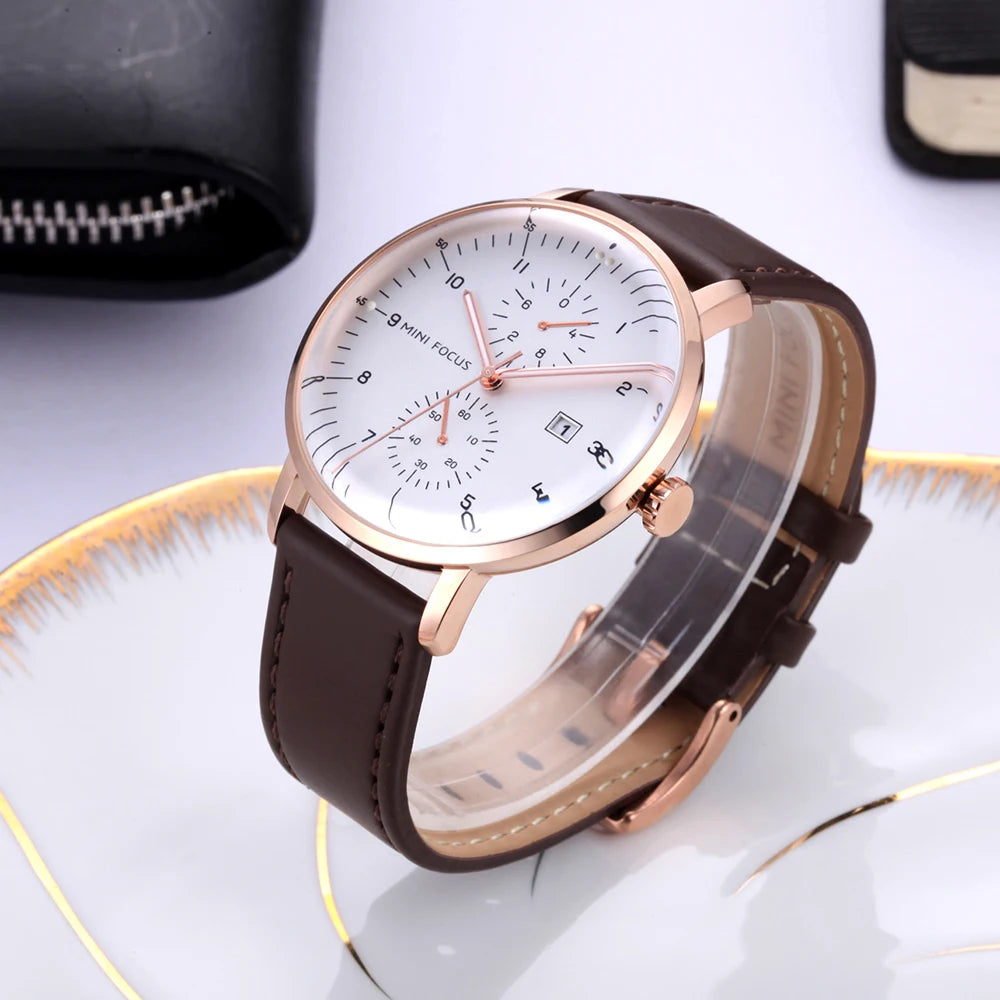 MINI FOCUS Men Watch Top Brand Luxury Quartz Watches Mens Casual Fashion Genuine Leather Male Wristwatch New Waterproof Clock - Sun Studio